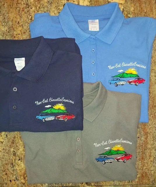 Three embroidered polo shirts with a car on them.