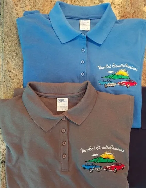 Two polo shirts with a picture of a car on them.