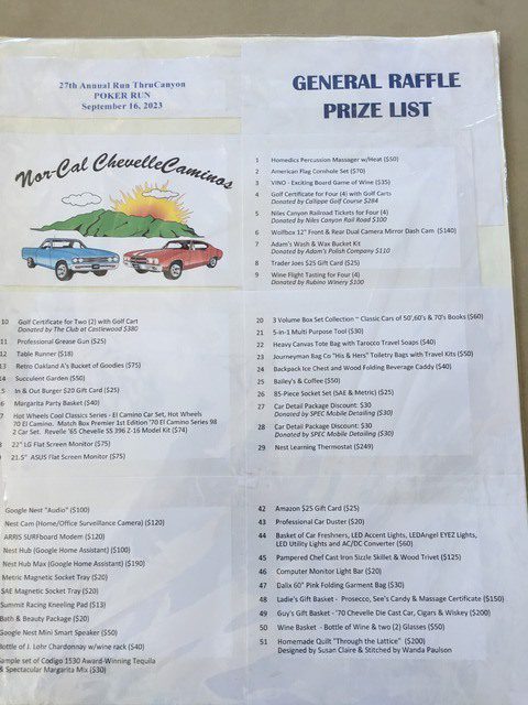 A sheet of paper with a list of cars on it.
