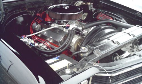 The engine bay of a black car with a red engine.