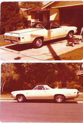 Two pictures of a white car parked in front of a house.