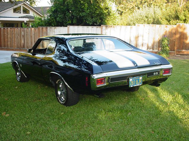 A black and white muscle car parked in the grass.