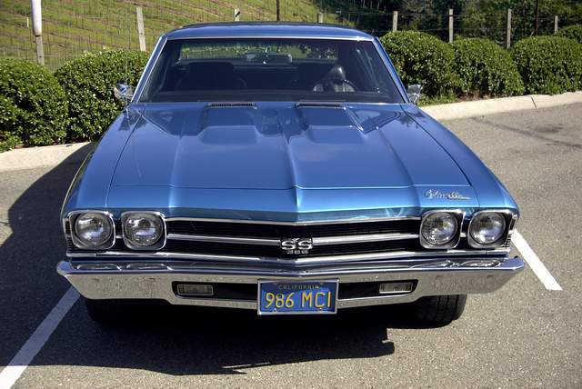 A blue chevrolet chevelle parked in a parking lot.