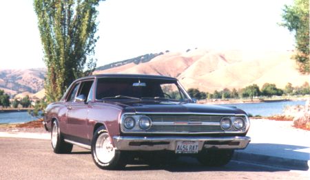 An old purple car parked in front of a lake.