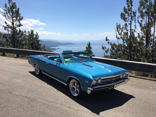 A blue chevrolet chevelle parked on the side of the road.