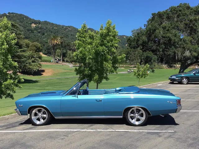 A blue convertible parked in a parking lot.