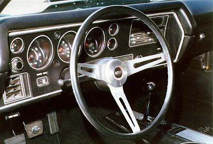 The interior of a classic car with a steering wheel and gauges.